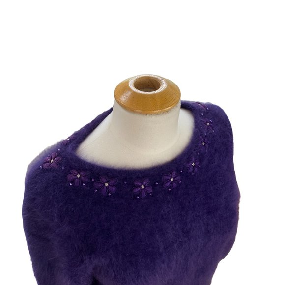 Vintage Angora Wool Sweater Purple Embroidered Flower Gems Dark Fairycore-L - Picture 5 of 14